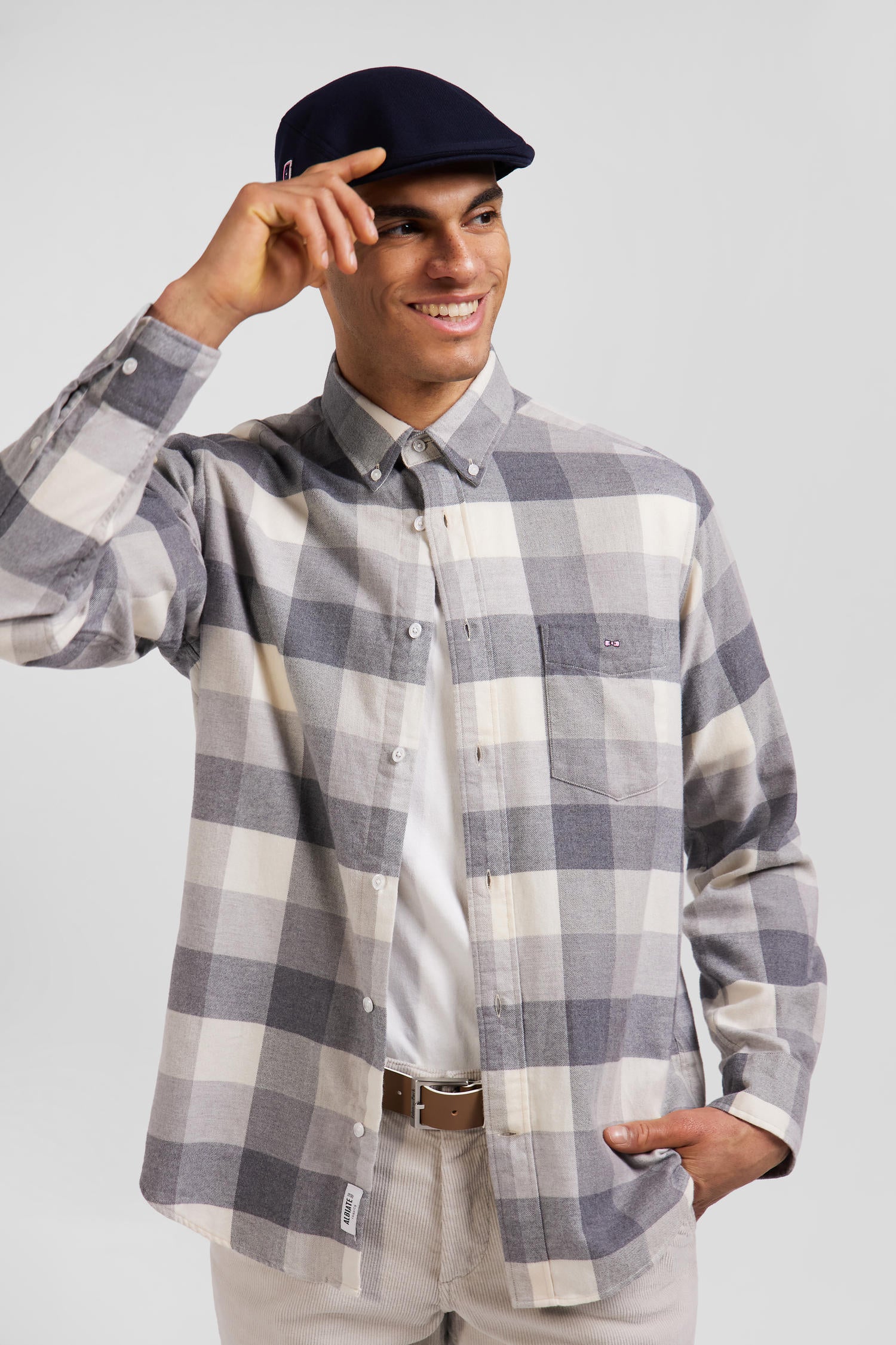 Regular mottled grey checked cotton shirt