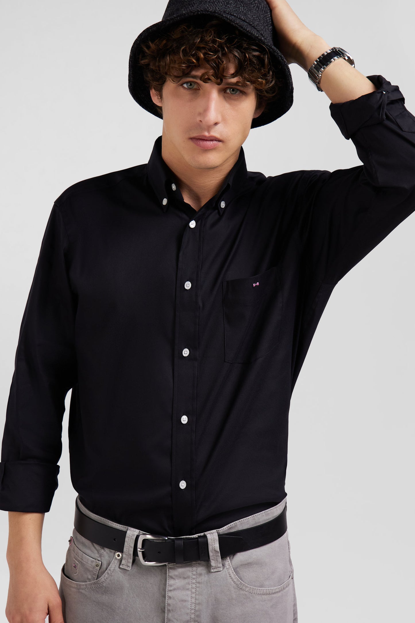 Regular plain black mixed stretch cotton shirt