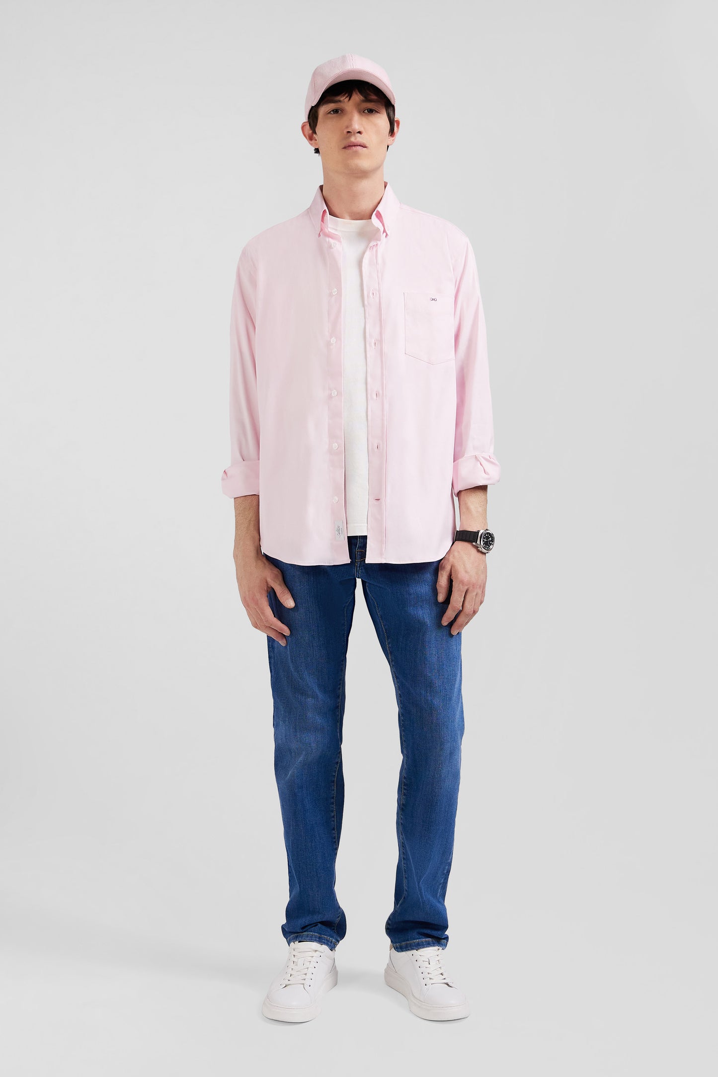 Regular plain pink mixed stretch cotton shirt