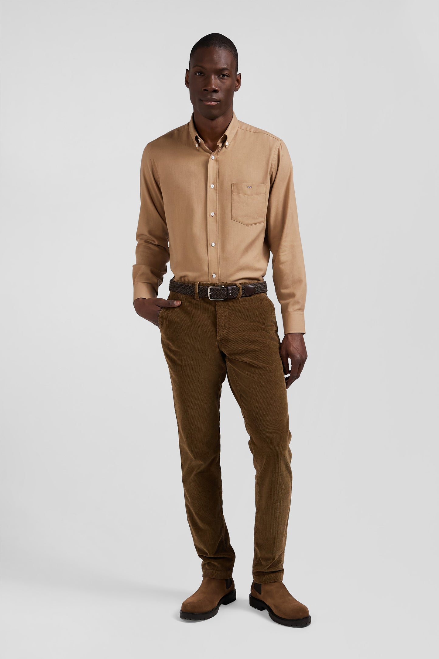 Chemise en twill de coton et cachemire camel coupe Regular