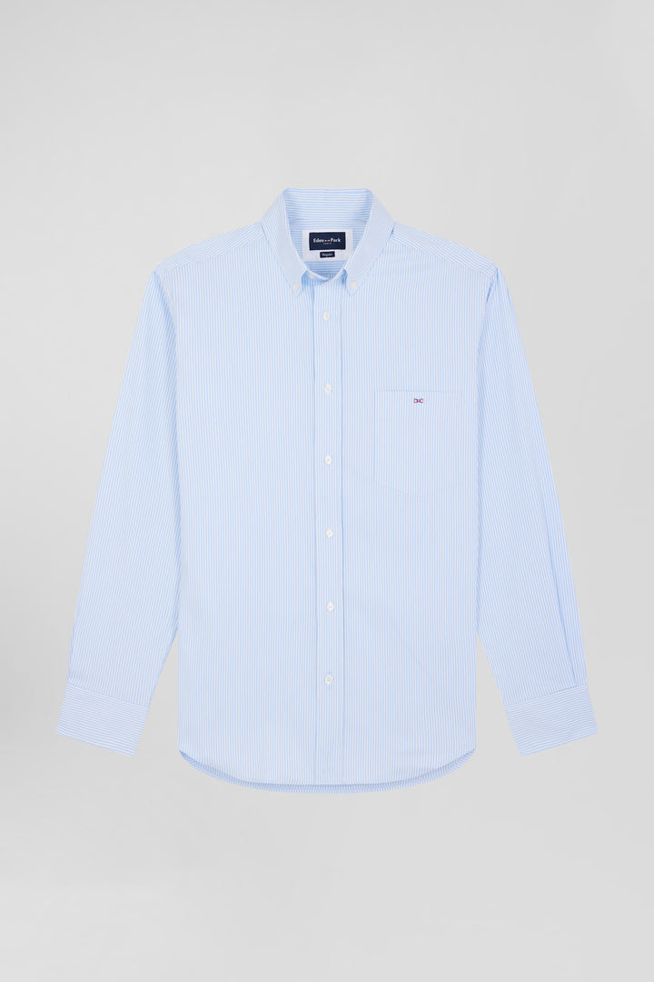 Chemise en popeline de coton bleue à rayures bâton coupe Regular