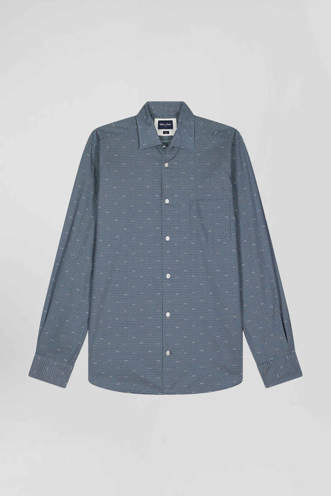 Slim navy blue microprint cotton shirt - Image 2