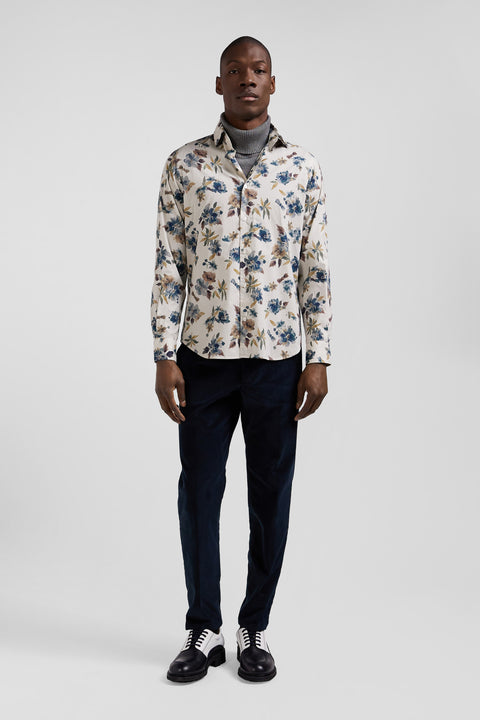 Slim beige floral print cotton shirt - Image 1