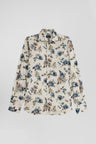 Slim beige floral print cotton shirt