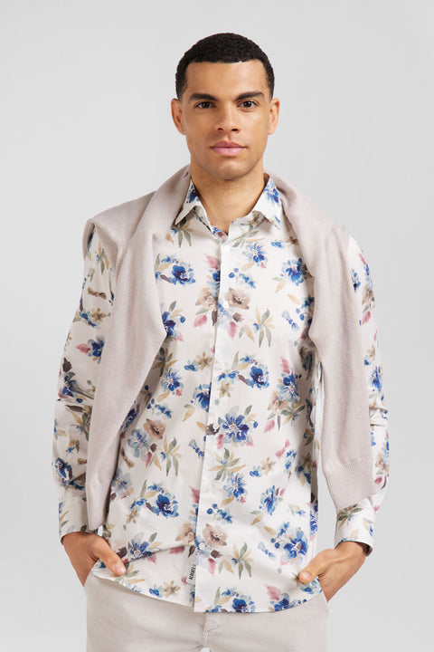 Slim ecru floral print cotton shirt - Image 3