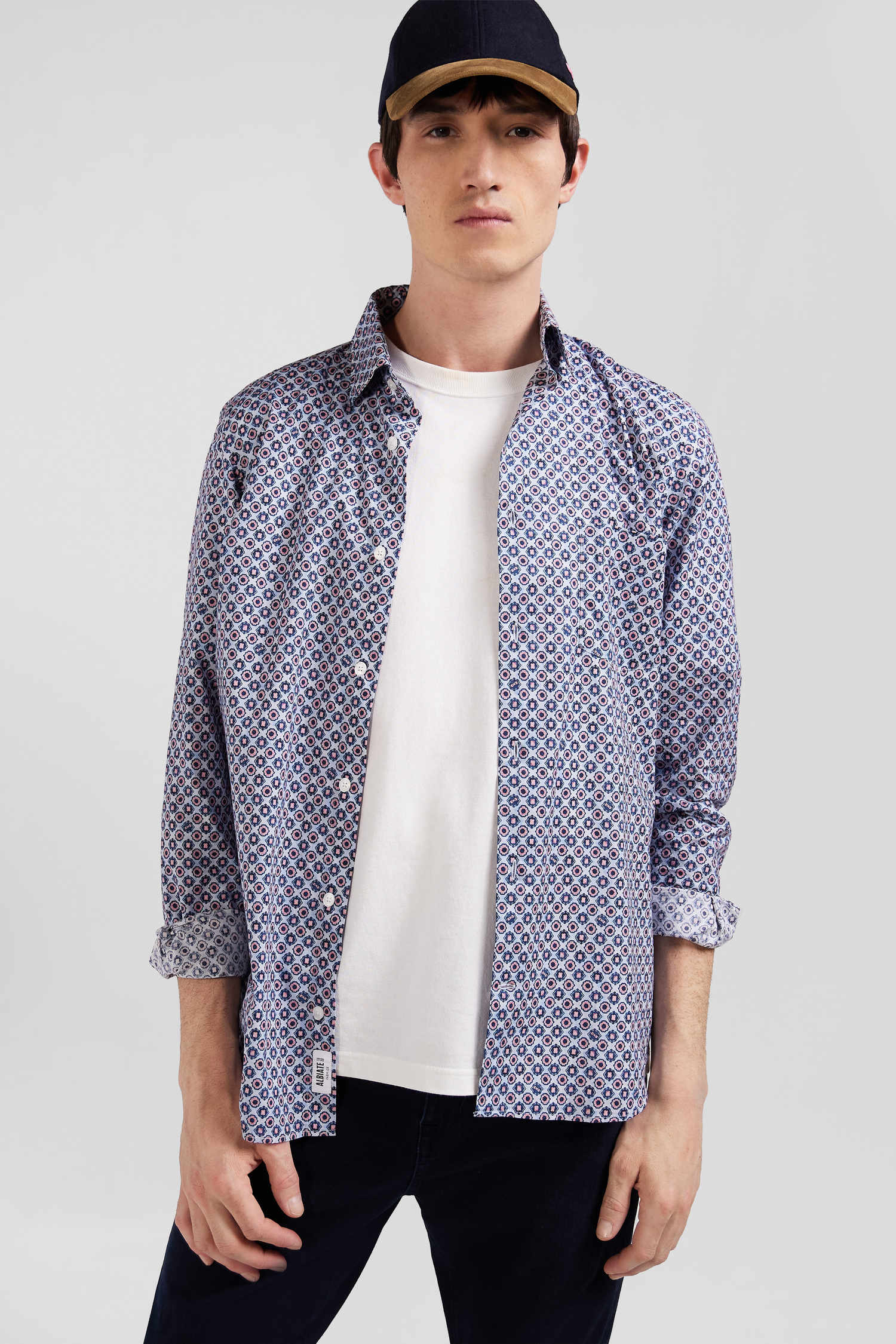 Chemise en coton à micro-motifs ciel coupe Slim