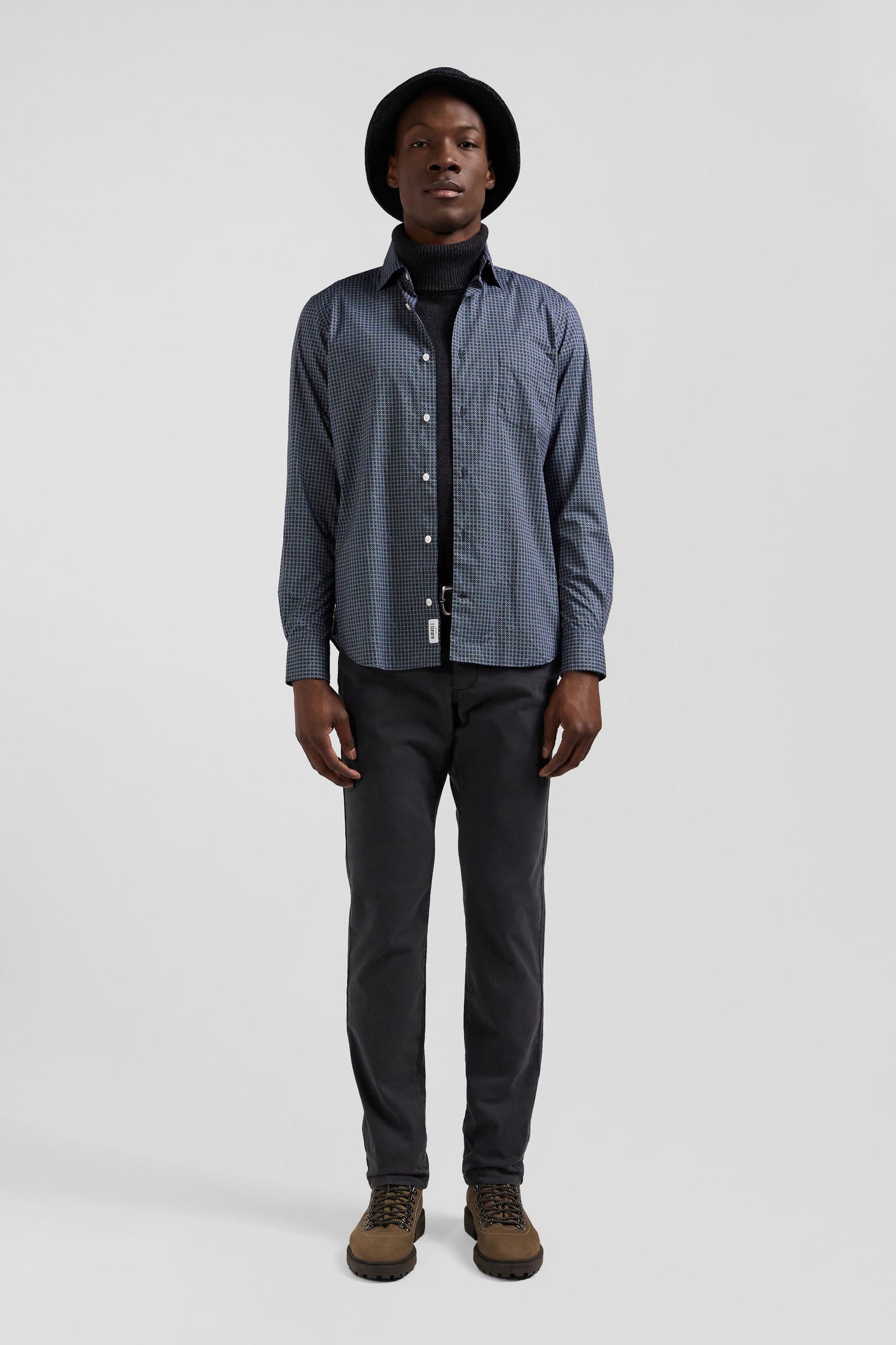 Slim navy blue micro checked cotton shirt