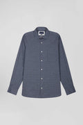 Slim navy blue micro checked cotton shirt