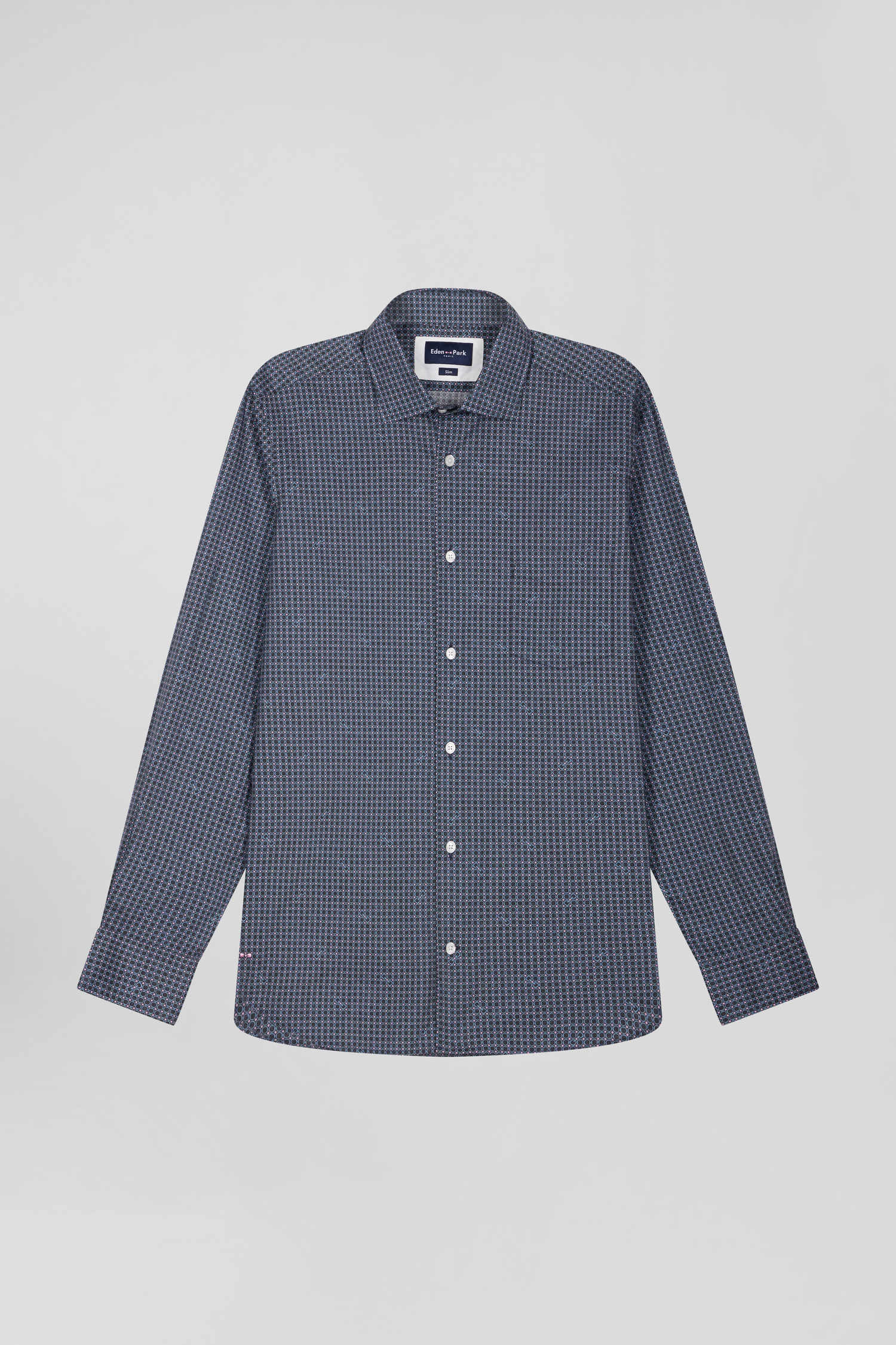 Slim navy blue micro checked cotton shirt