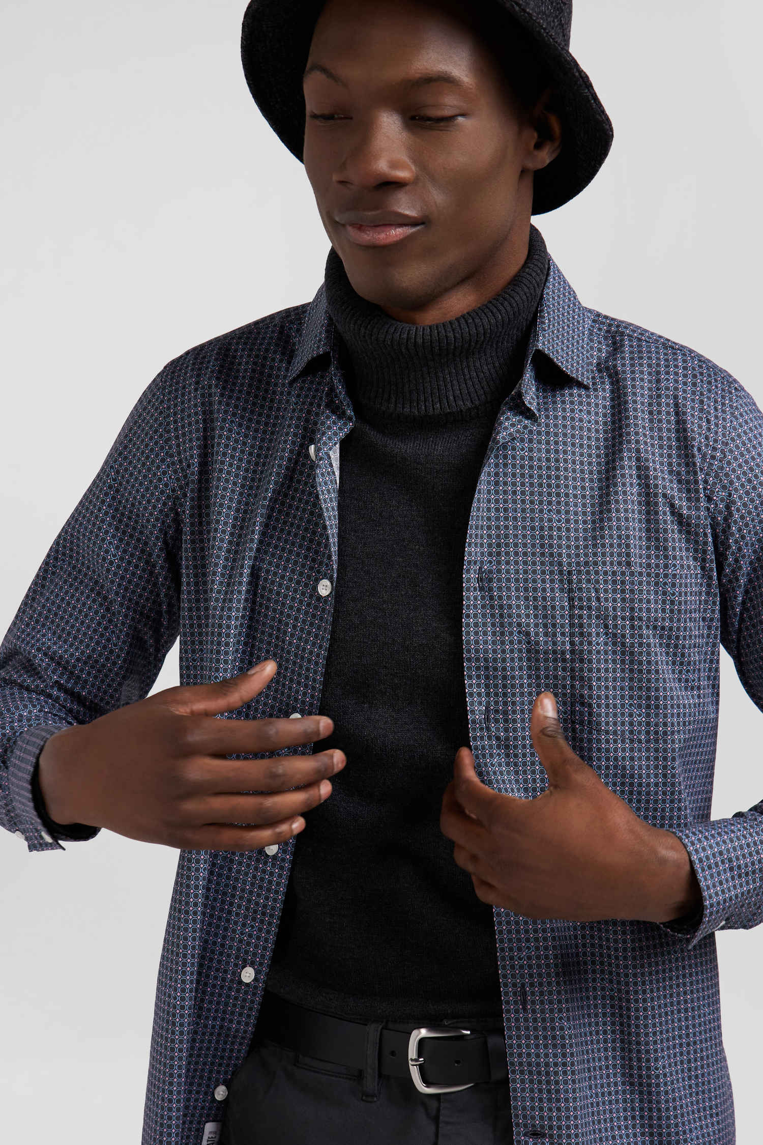 Slim navy blue micro checked cotton shirt