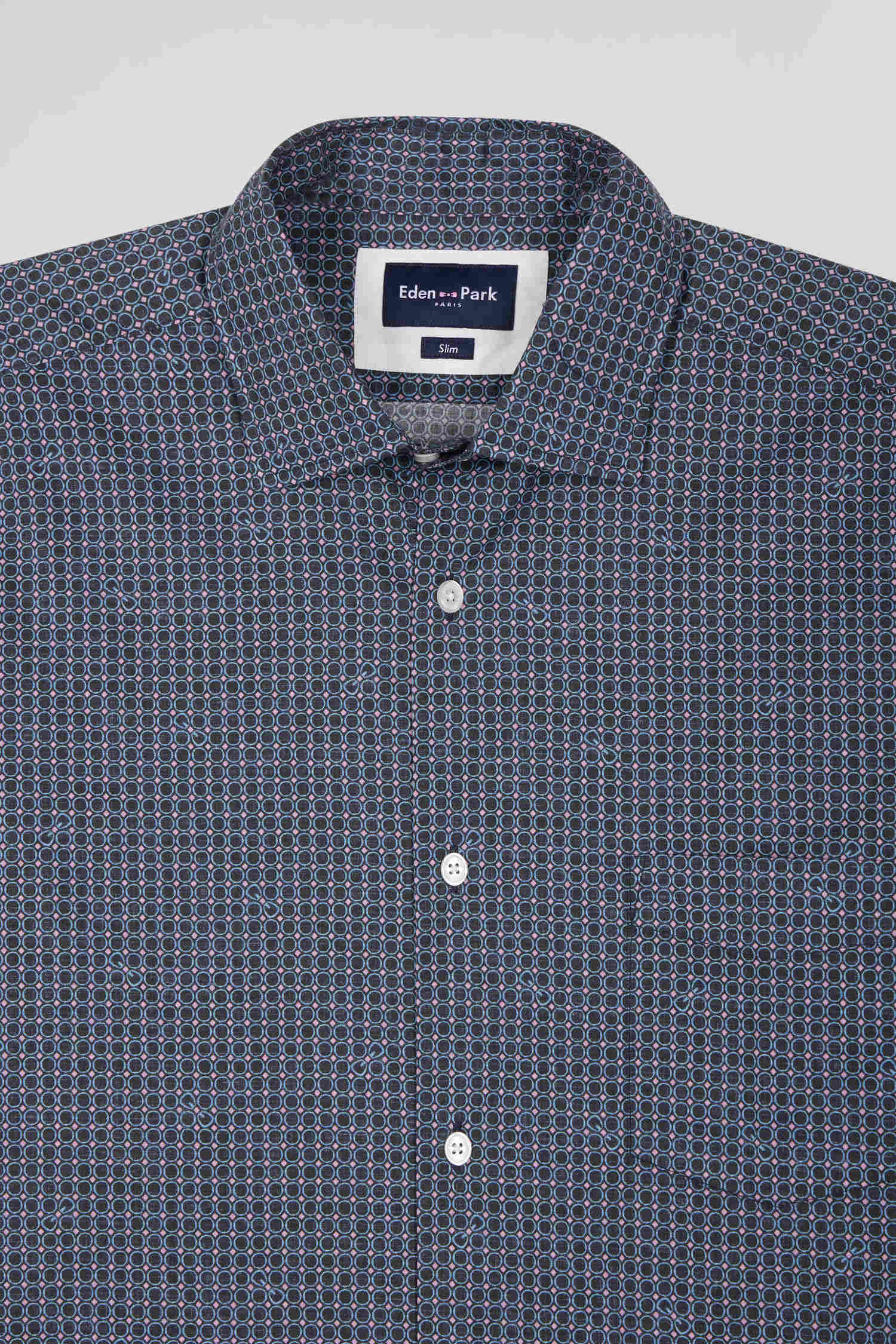 Slim navy blue micro checked cotton shirt