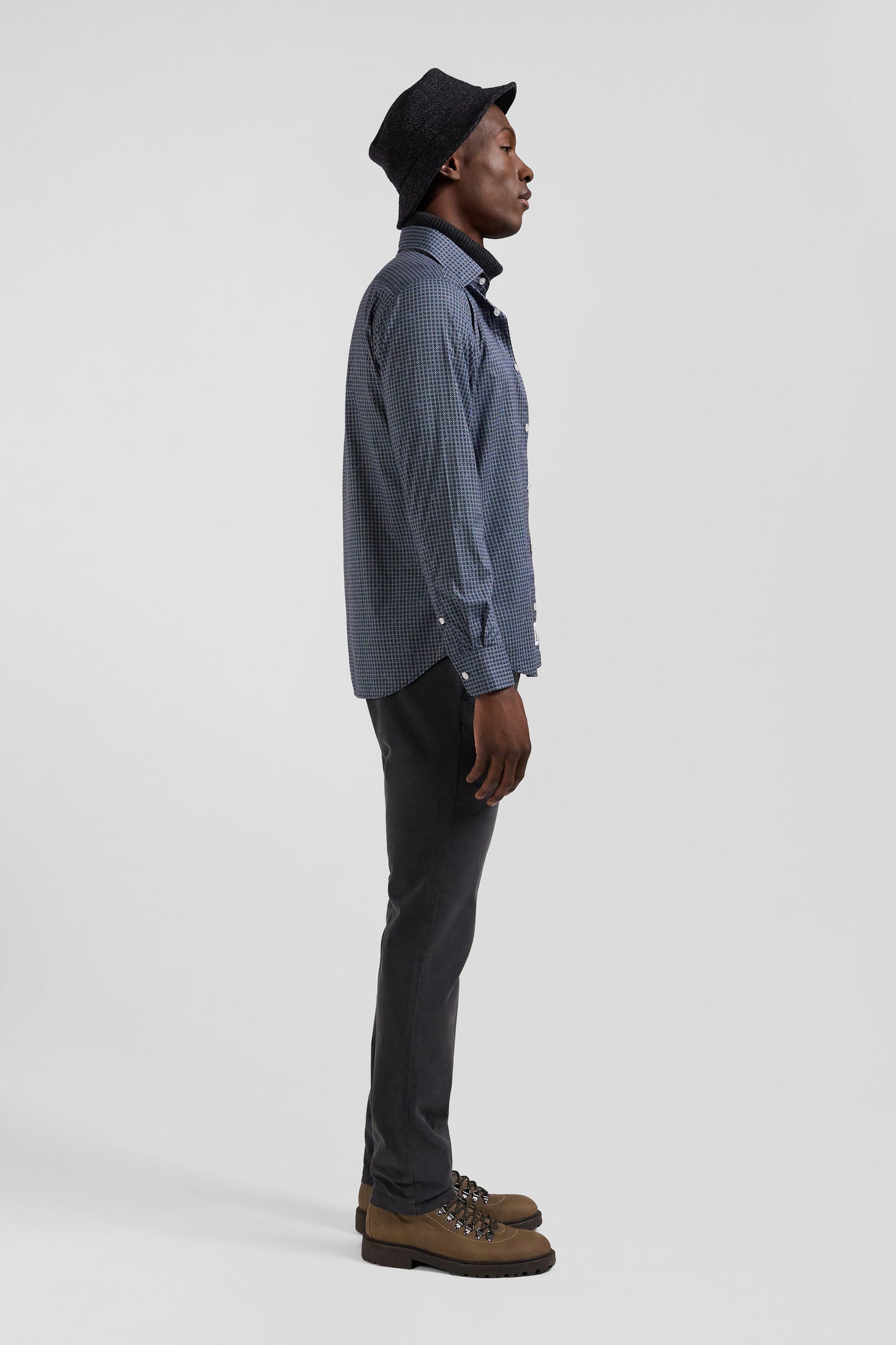 Slim navy blue micro checked cotton shirt