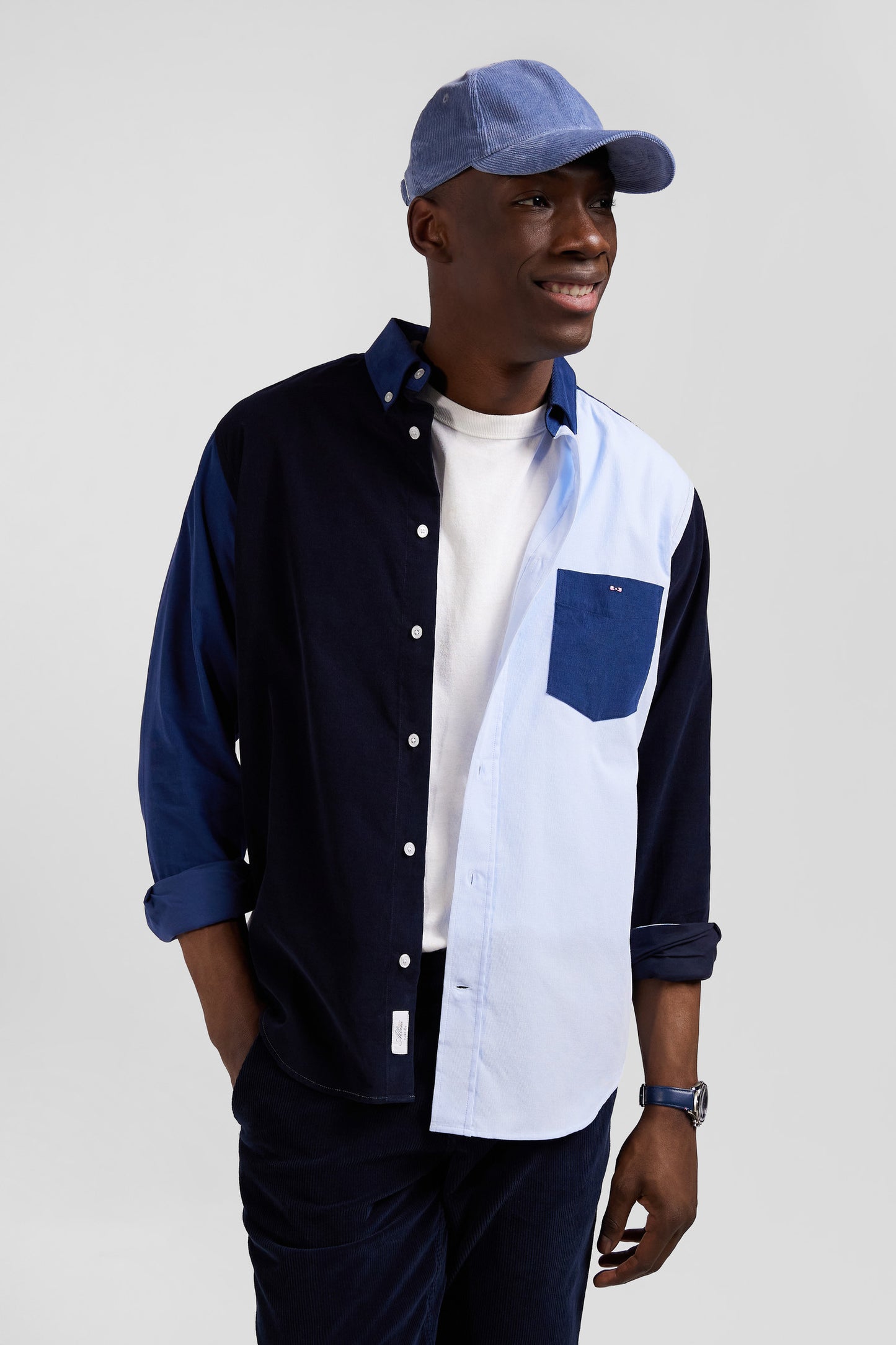 Regular navy blue tricolour cotton shirt