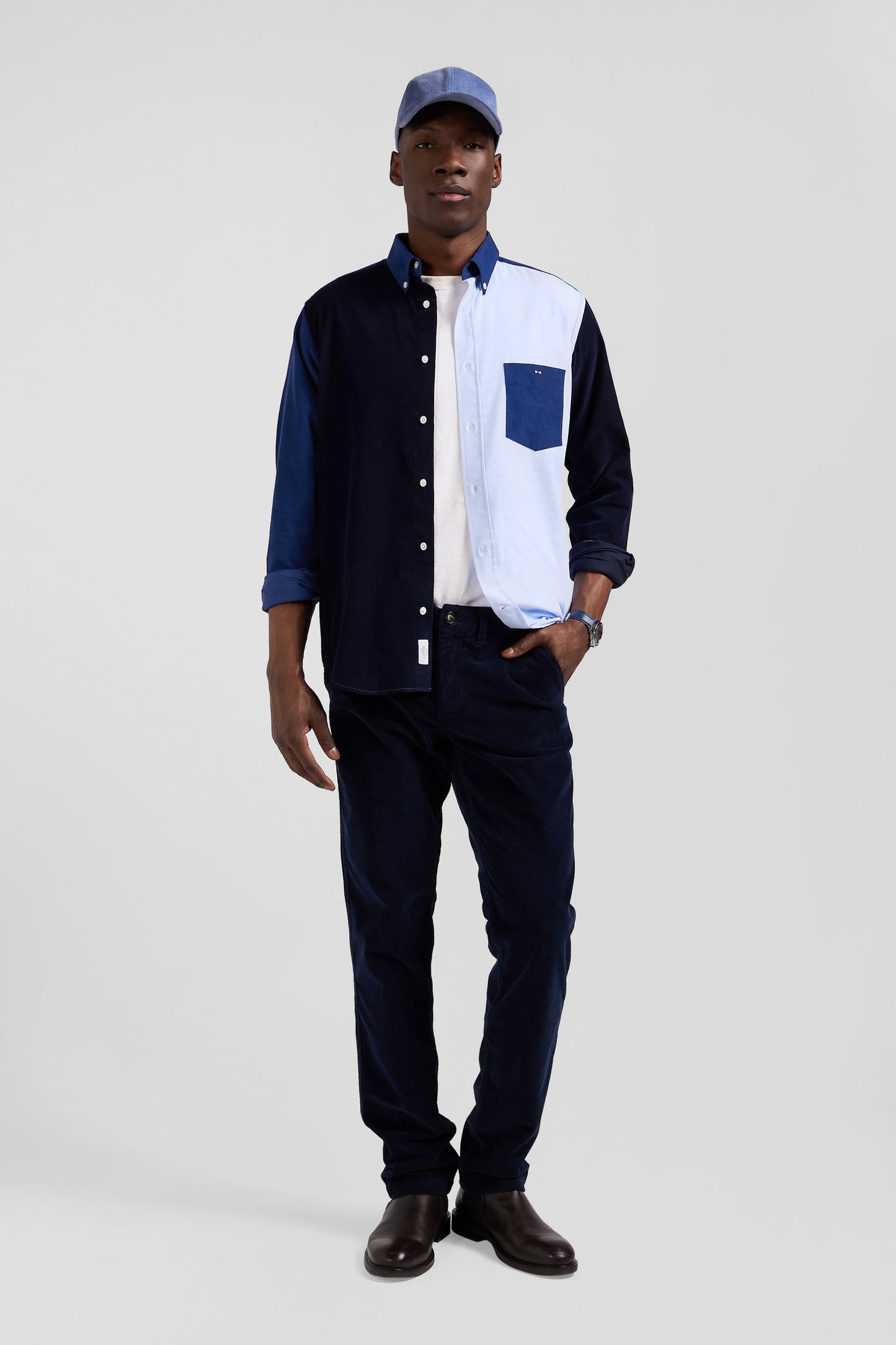 Regular navy blue tricolour cotton shirt