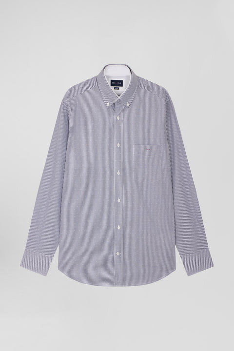 Regular navy blue cotton jacquard shirt with baton stripes - Image 1