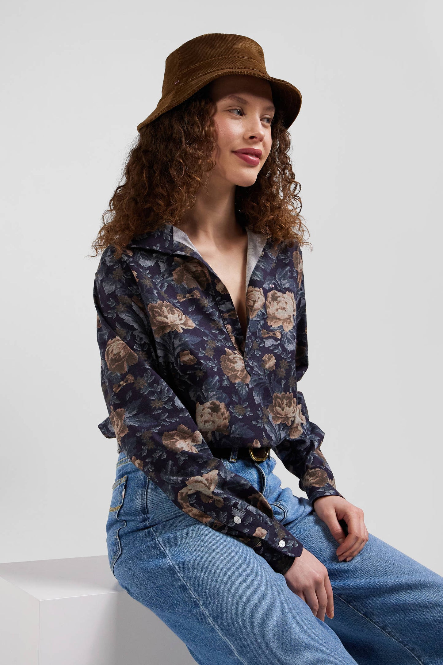 Relax navy blue floral print cotton flannel shirt