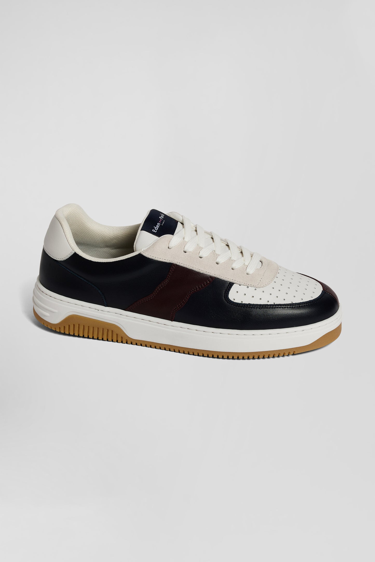 Navy blue and burgundy leather sneakers