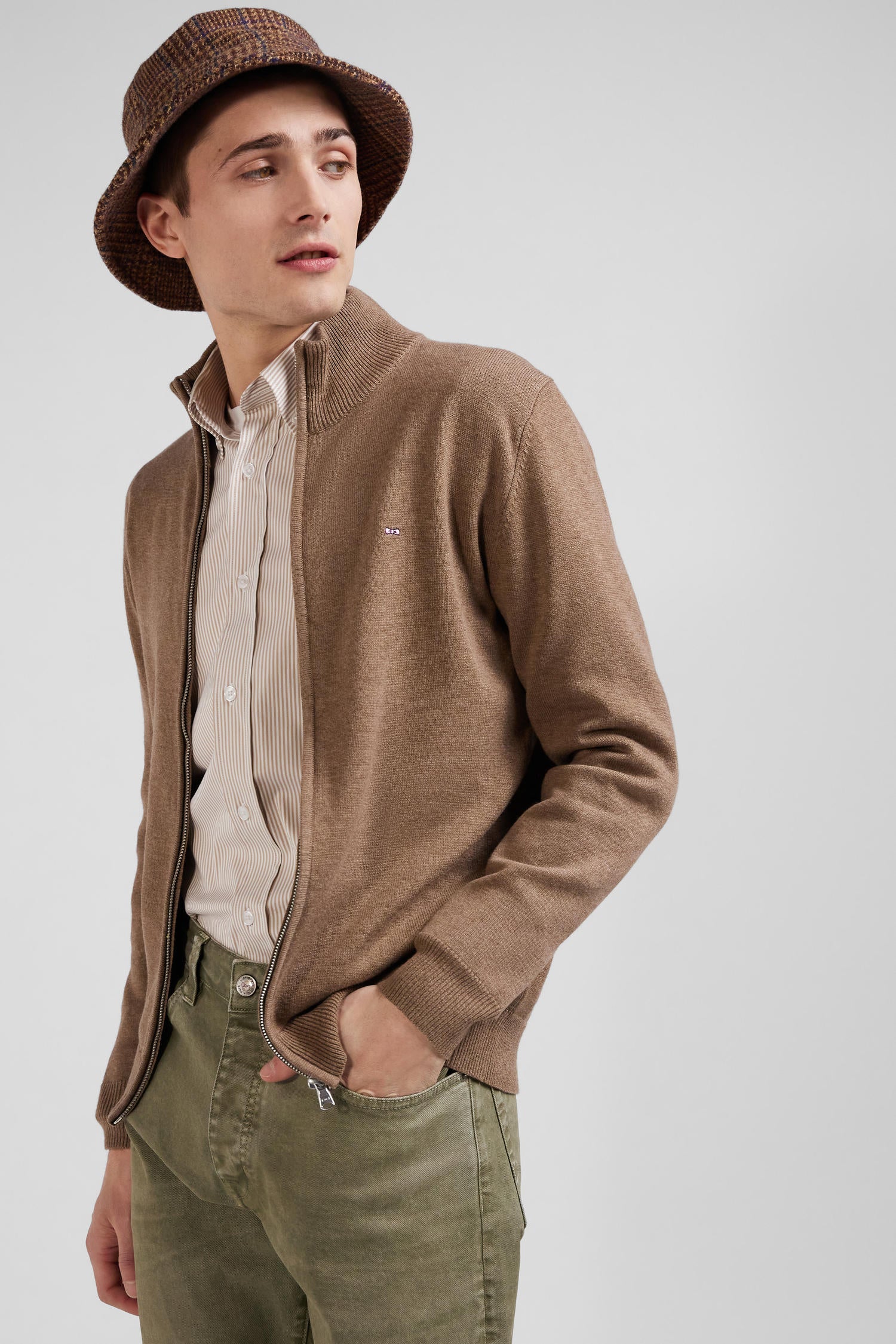 Regular camel plain wool and cotton zipped cardigan