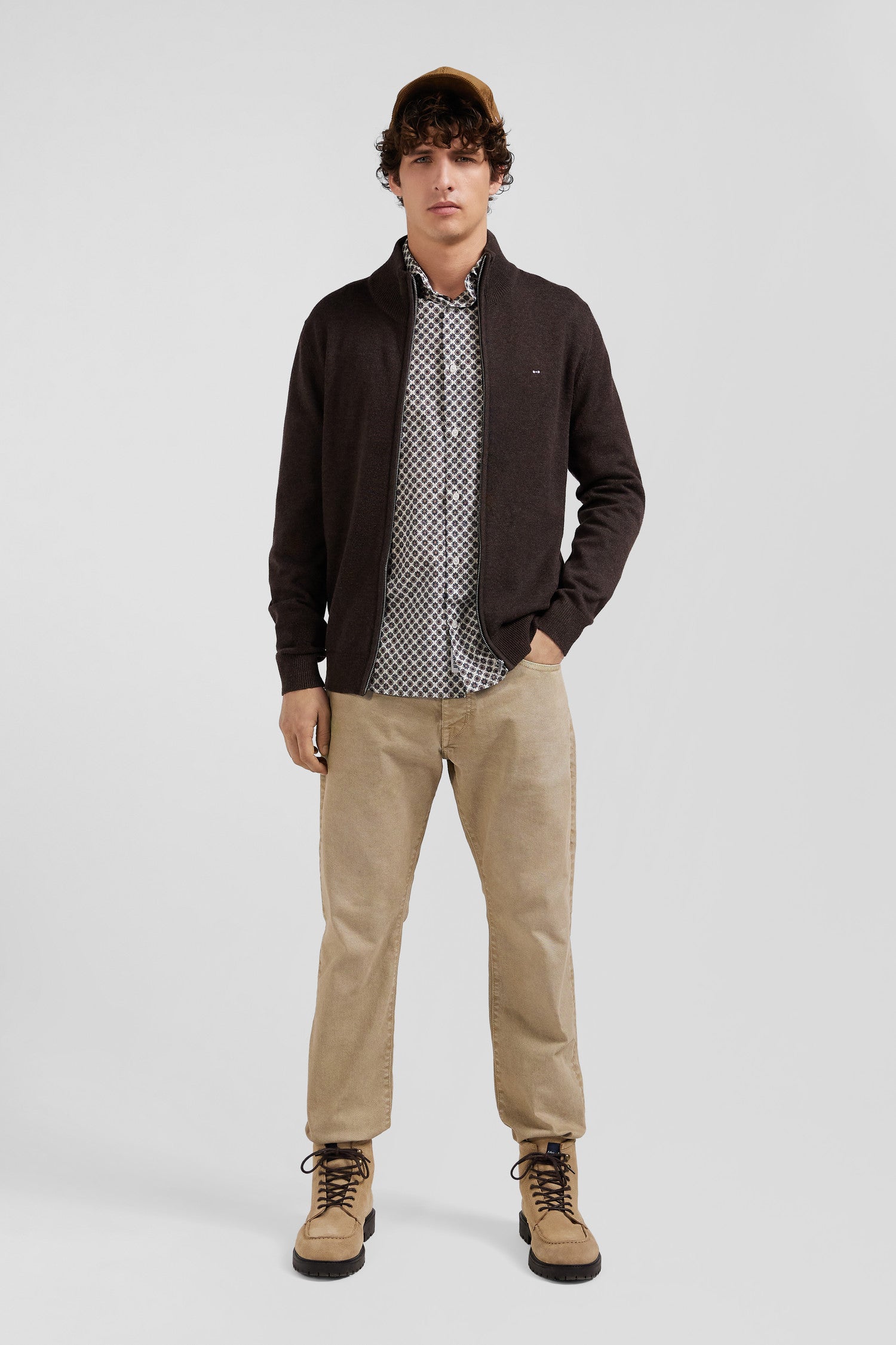 Regular brown plain wool and cotton zipped cardigan