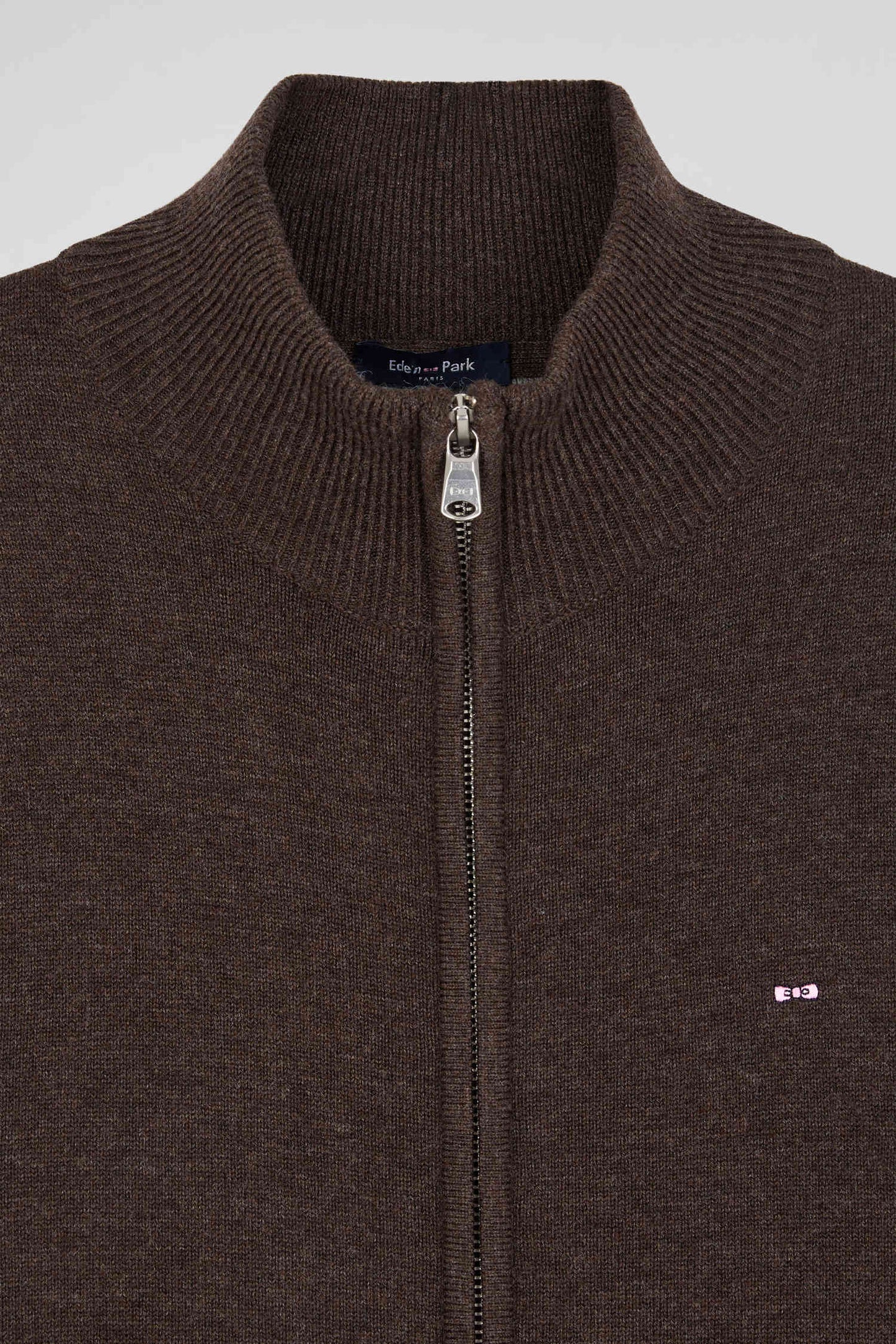 Regular brown plain wool and cotton zipped cardigan