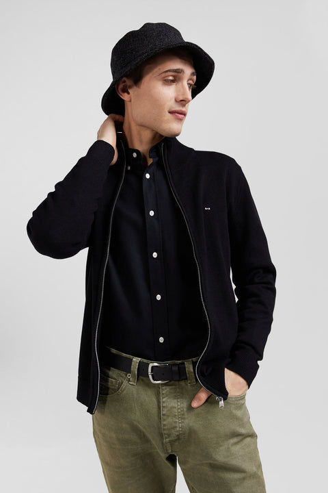 Regular black plain wool and cotton zipped cardigan - Image 3