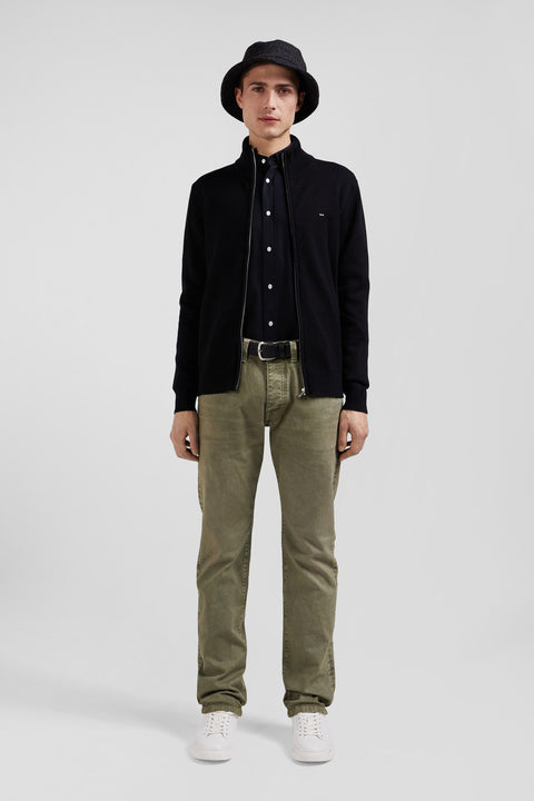 Regular black plain wool and cotton zipped cardigan - Image 1