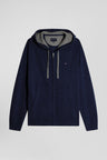 Regular navy blue wool and cotton knitted zip-up jumper