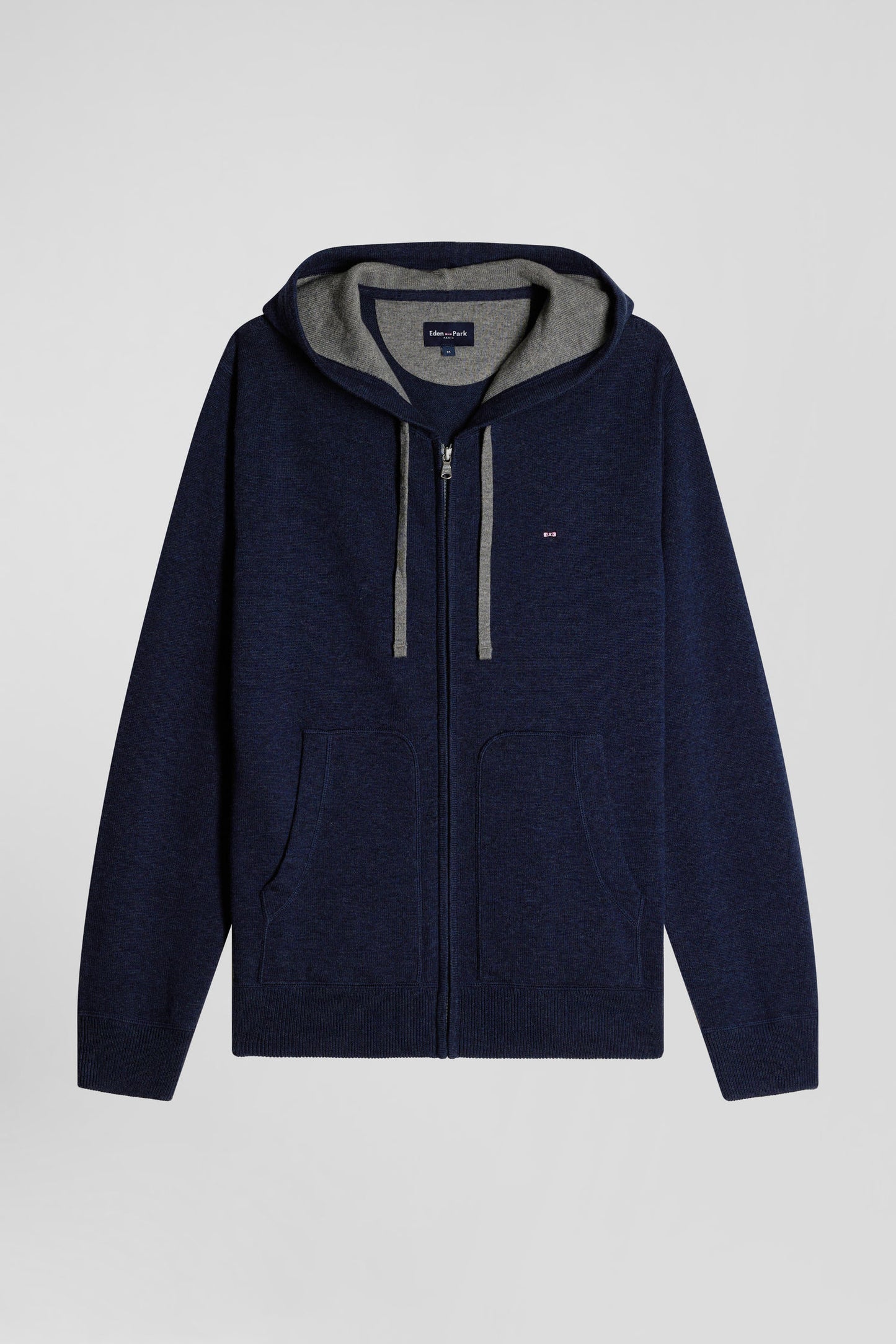 Regular navy blue wool and cotton knitted zip-up jumper