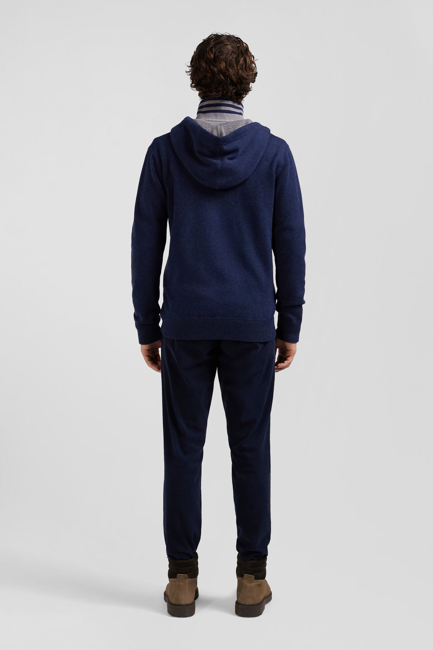 Regular navy blue wool and cotton knitted zip-up jumper