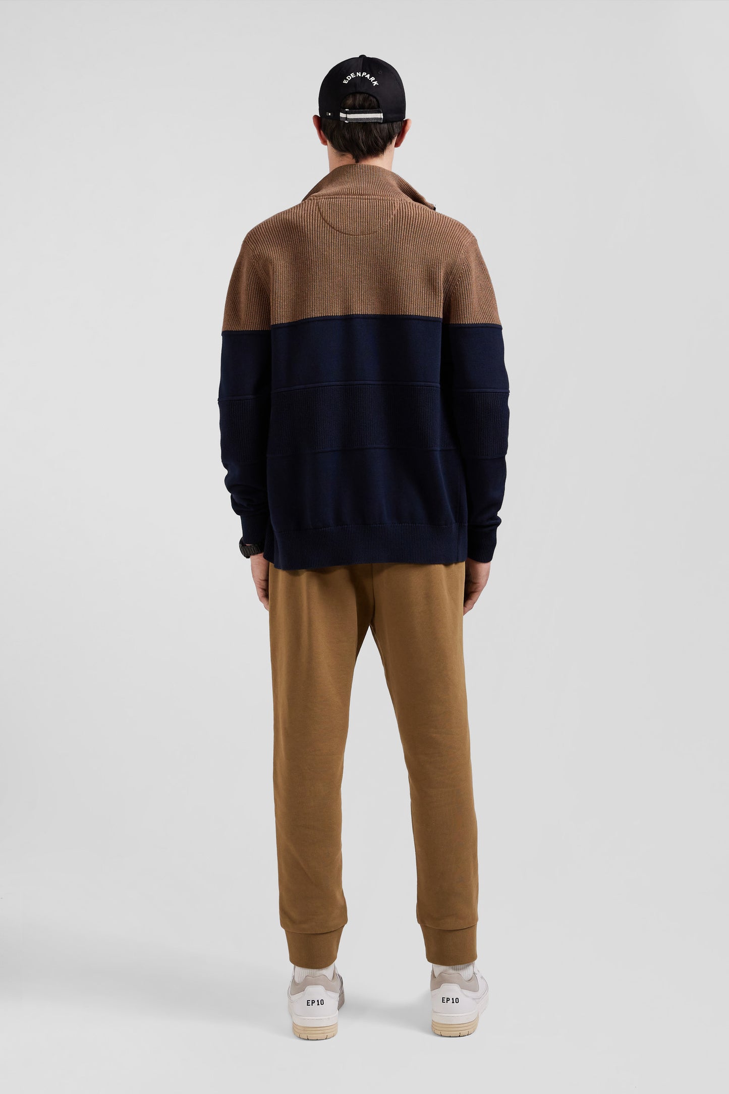 Navy and hazelnut cotton cardigan with zip and stand-up collar