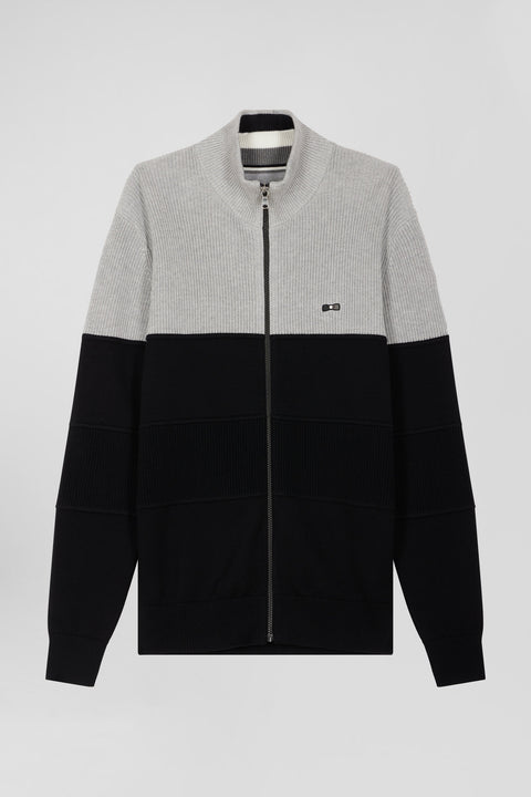 Regular navy blue and grey cotton high collar zipped cardigan - Image 2