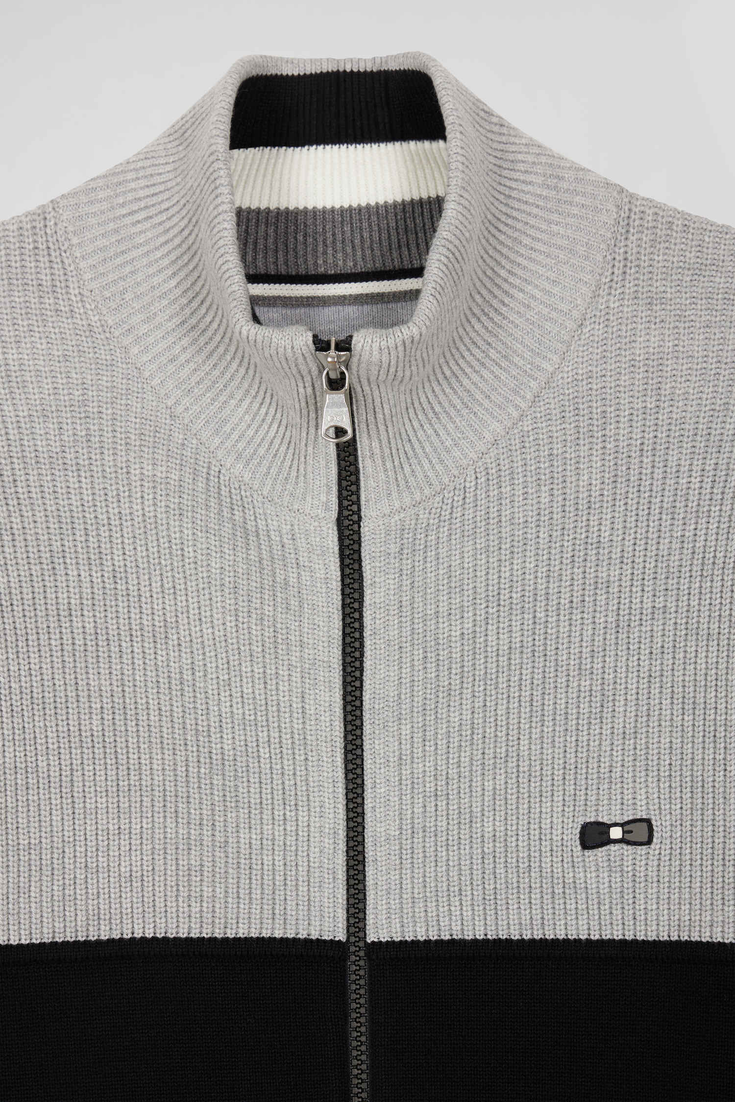 Regular navy blue and grey cotton high collar zipped cardigan