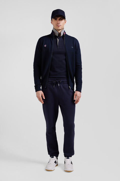 Regular navy blue cotton zipped cardigan with XV de France rubber badge and tricolour details - Image 1