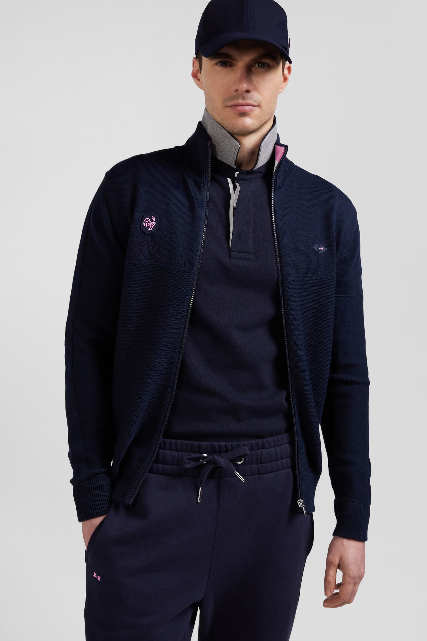 Regular navy blue cotton zipped cardigan with XV de France rubber badge and tricolour details