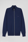 Regular plain navy blue cotton high collar zipped cardigan