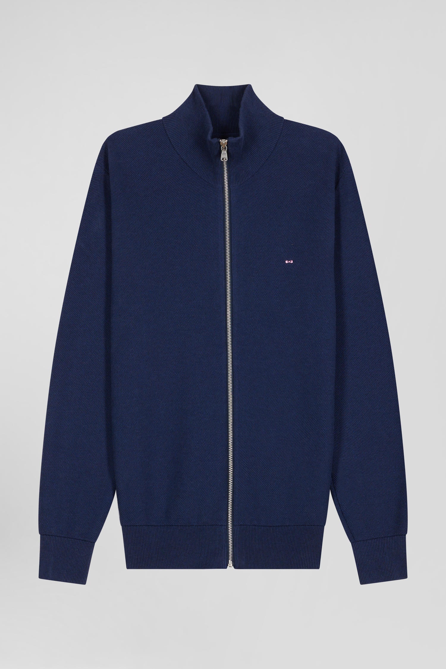 Regular plain navy blue cotton high collar zipped cardigan