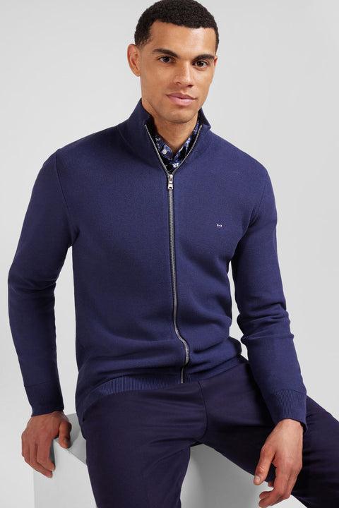Regular plain navy blue cotton high collar zipped cardigan - Image 3