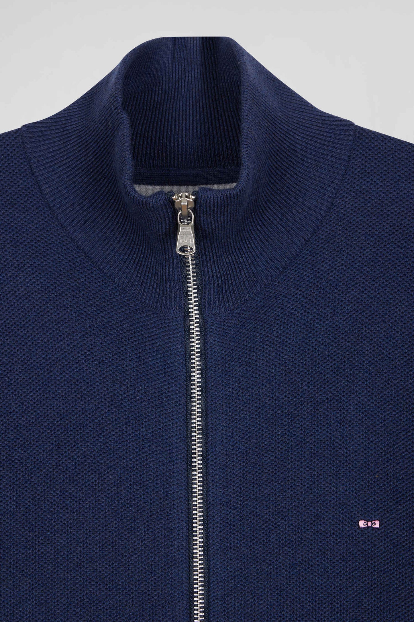 Regular plain navy blue cotton high collar zipped cardigan