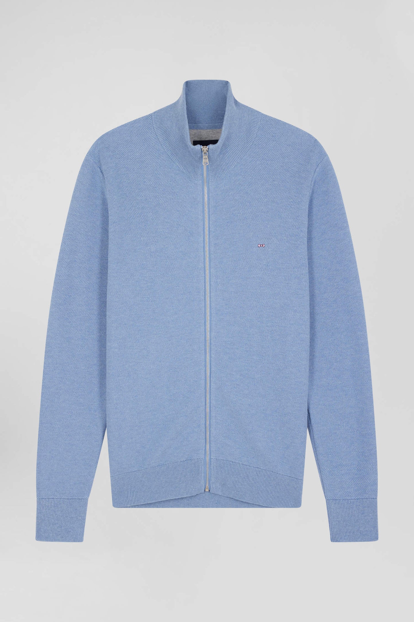 Regular plain sky blue cotton high collar zipped cardigan