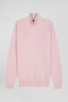 Regular plain pink cotton high collar zipped cardigan
