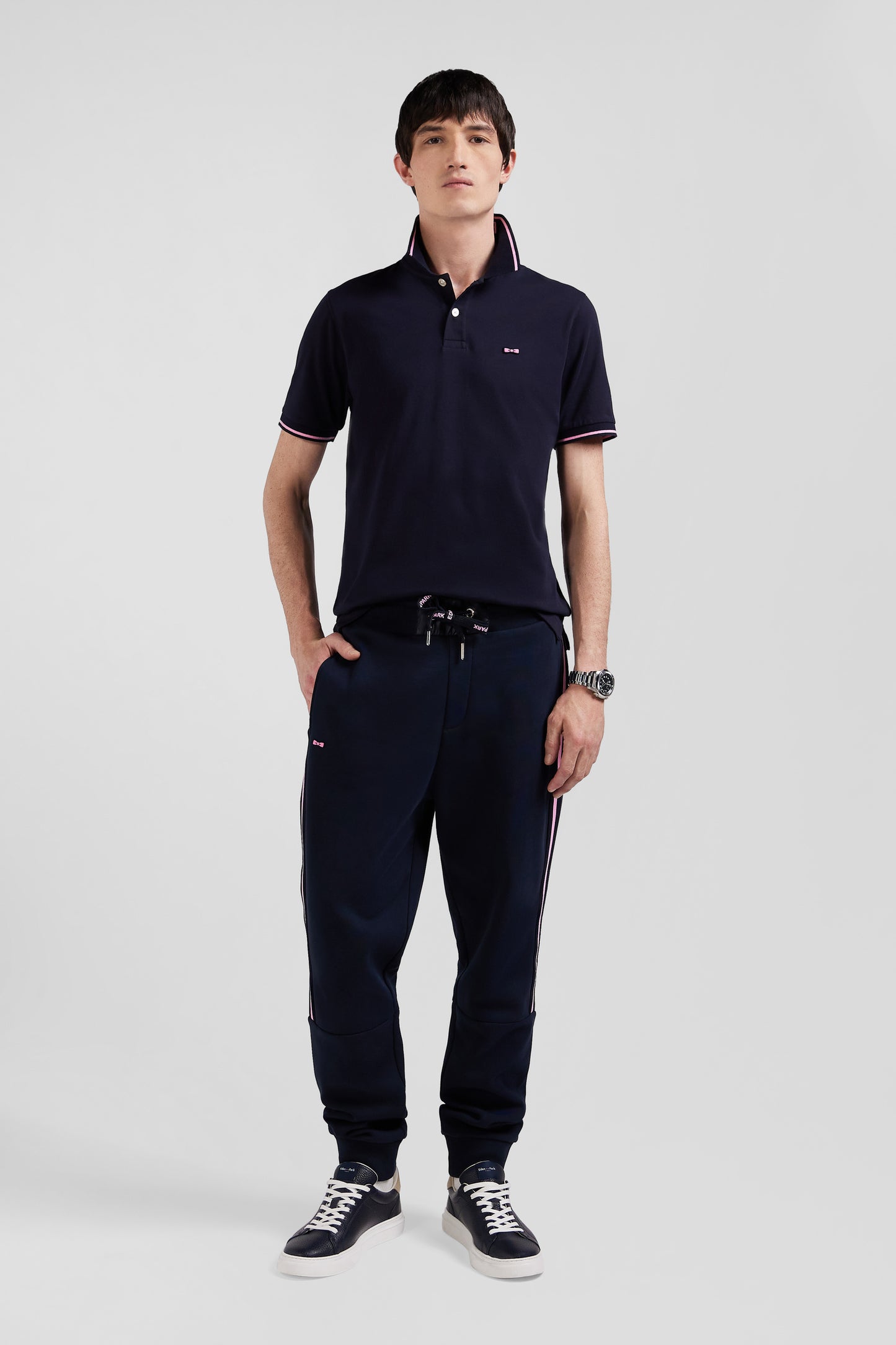 Regular navy blue mixed cotton jogging bottoms with striped trims