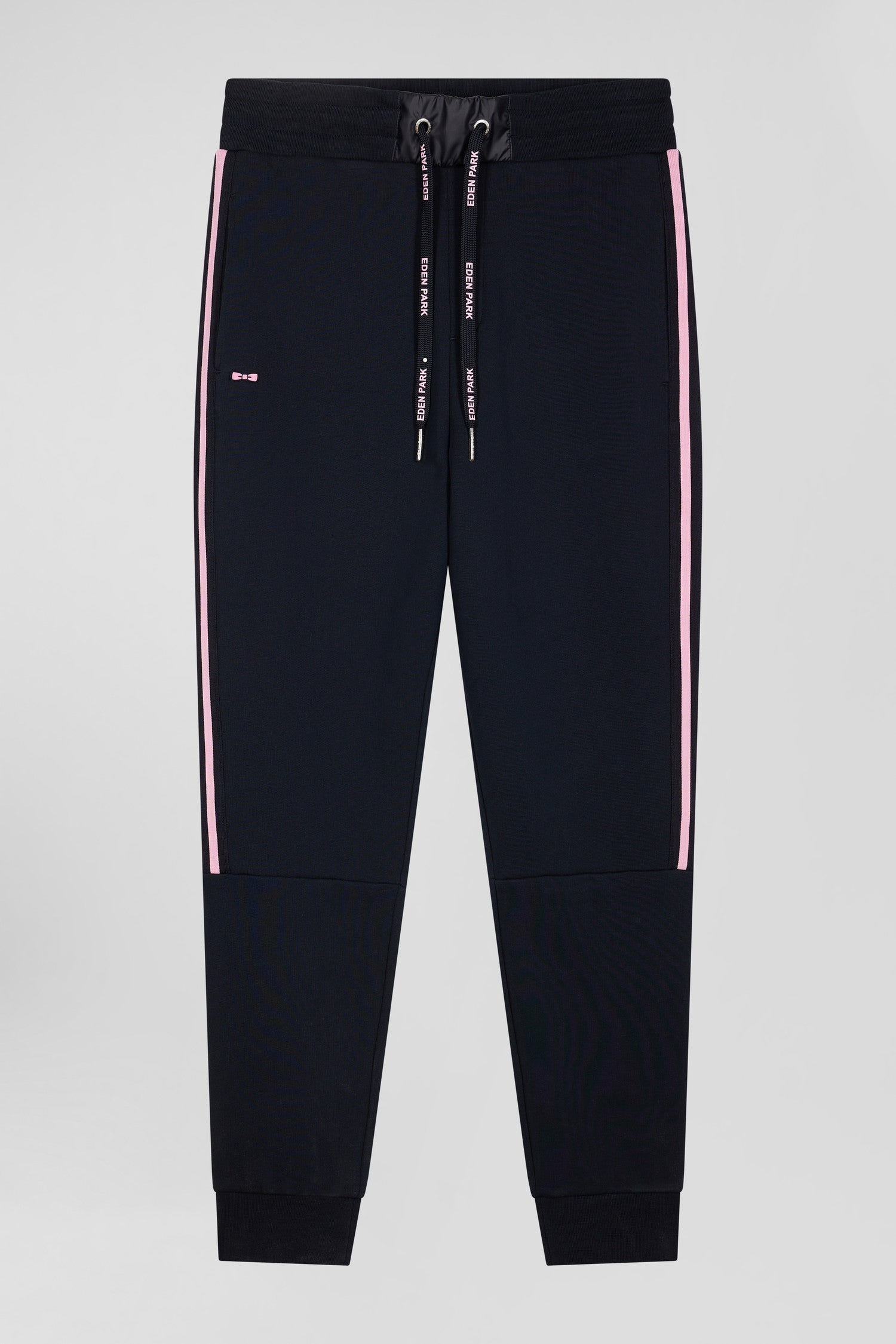 Regular navy blue mixed cotton jogging bottoms with striped trims