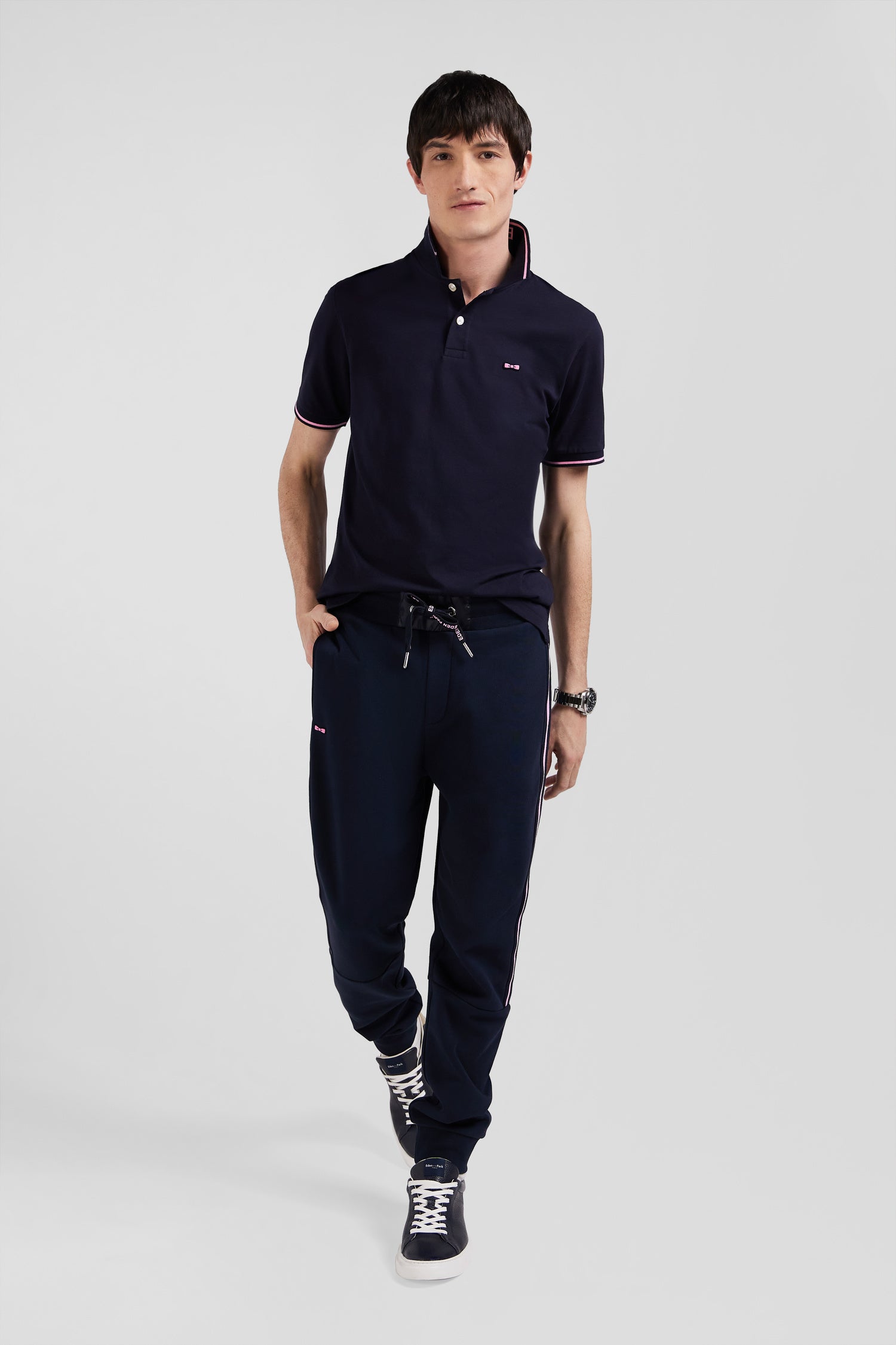 Regular navy blue mixed cotton jogging bottoms with striped trims