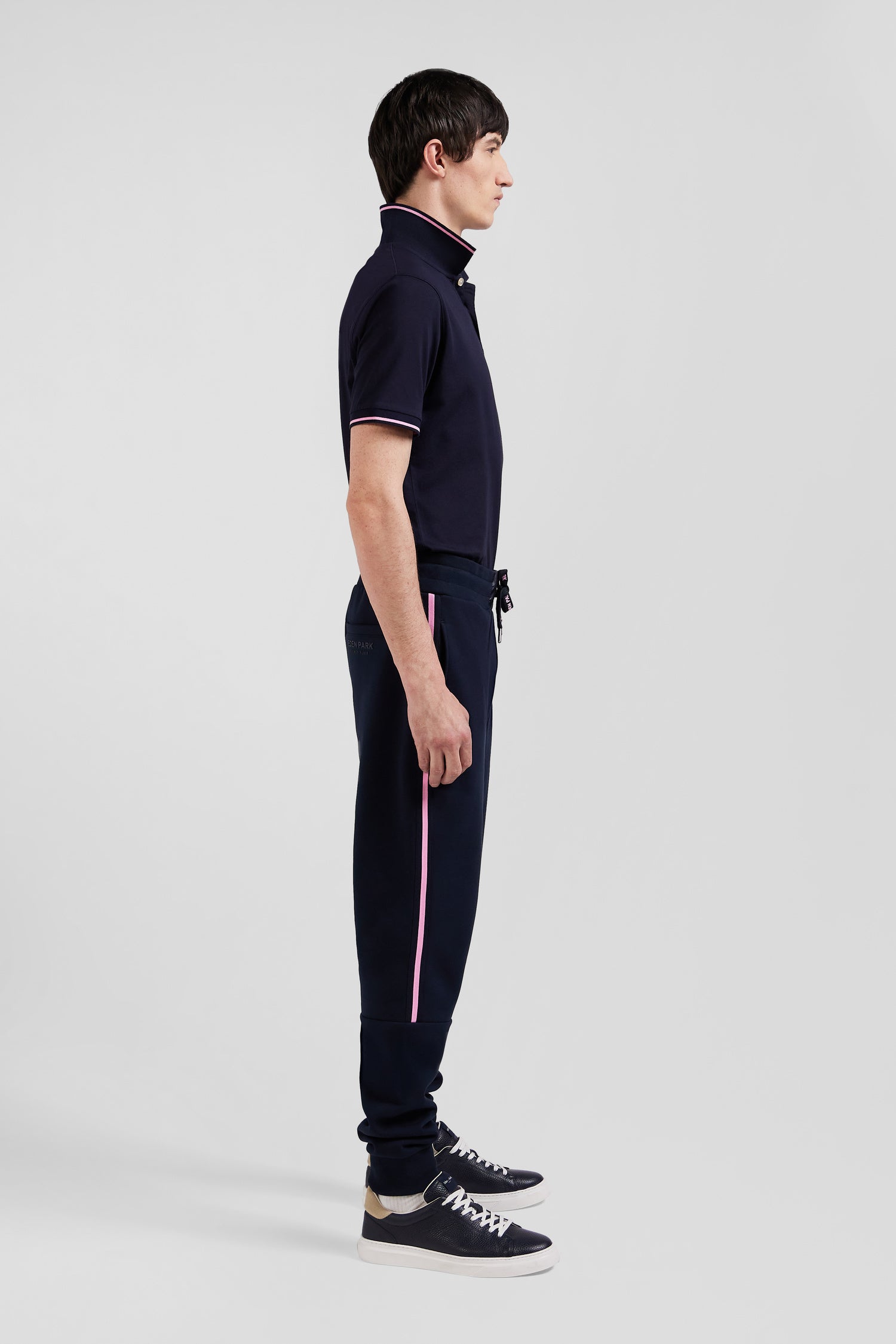 Regular navy blue mixed cotton jogging bottoms with striped trims