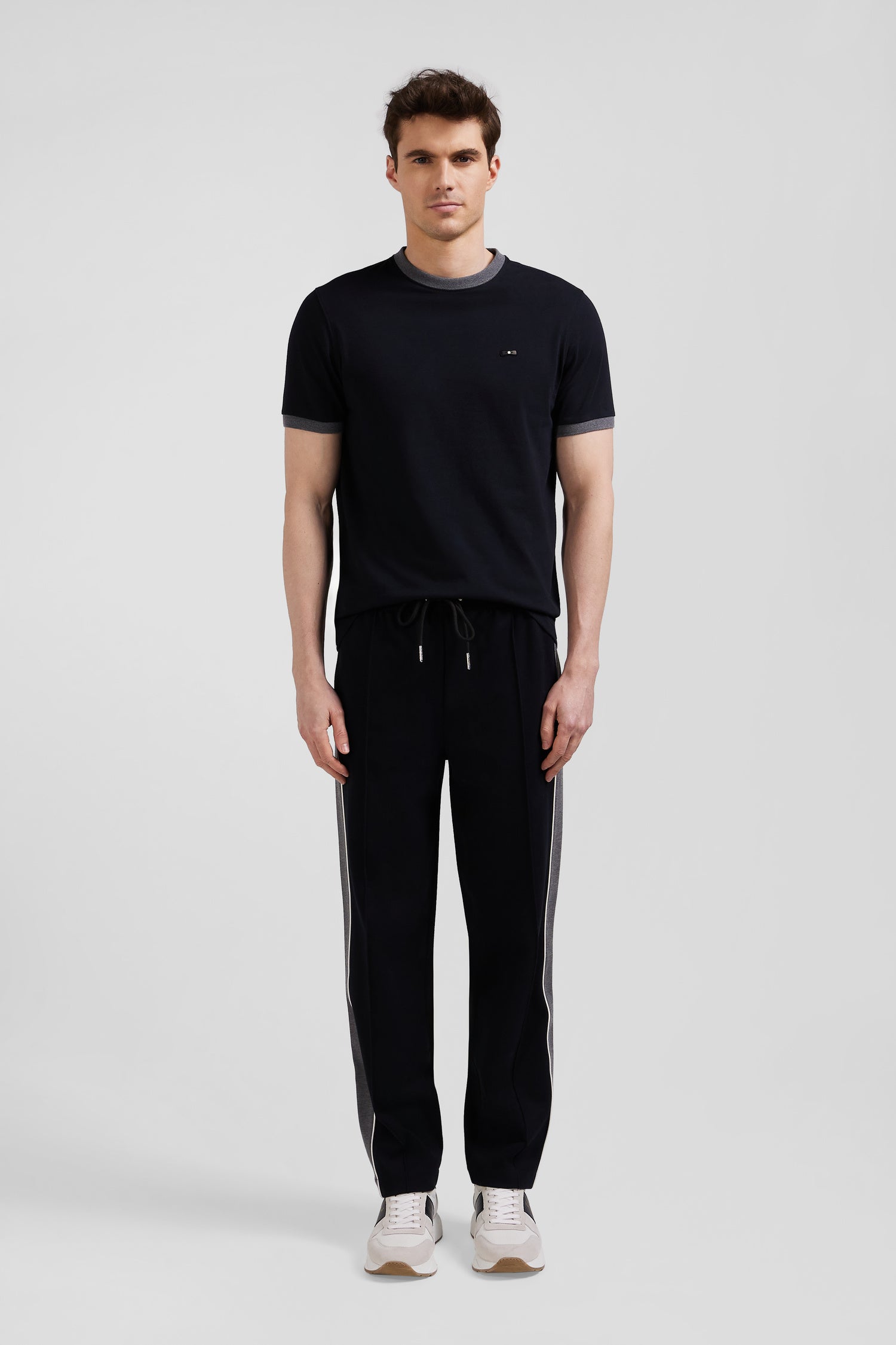 Regular black mixed cotton jogging bottoms with leg piping