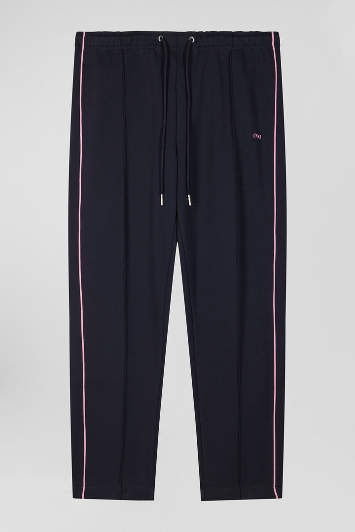 Pantalon jogging en coton mélangé bleu marine coupe Regular passepoil rose