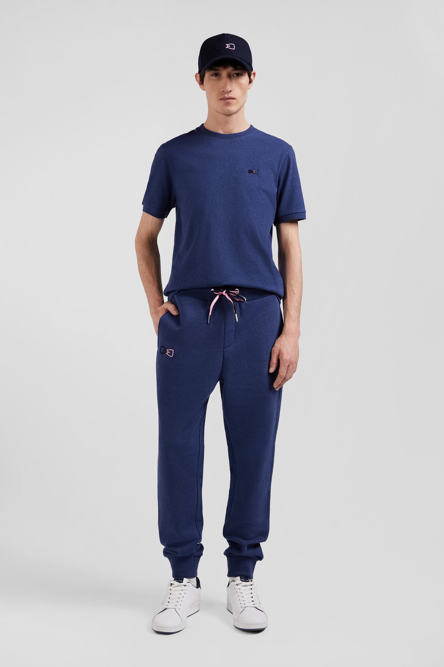 Regular navy blue brushed cotton fleece jogging bottoms