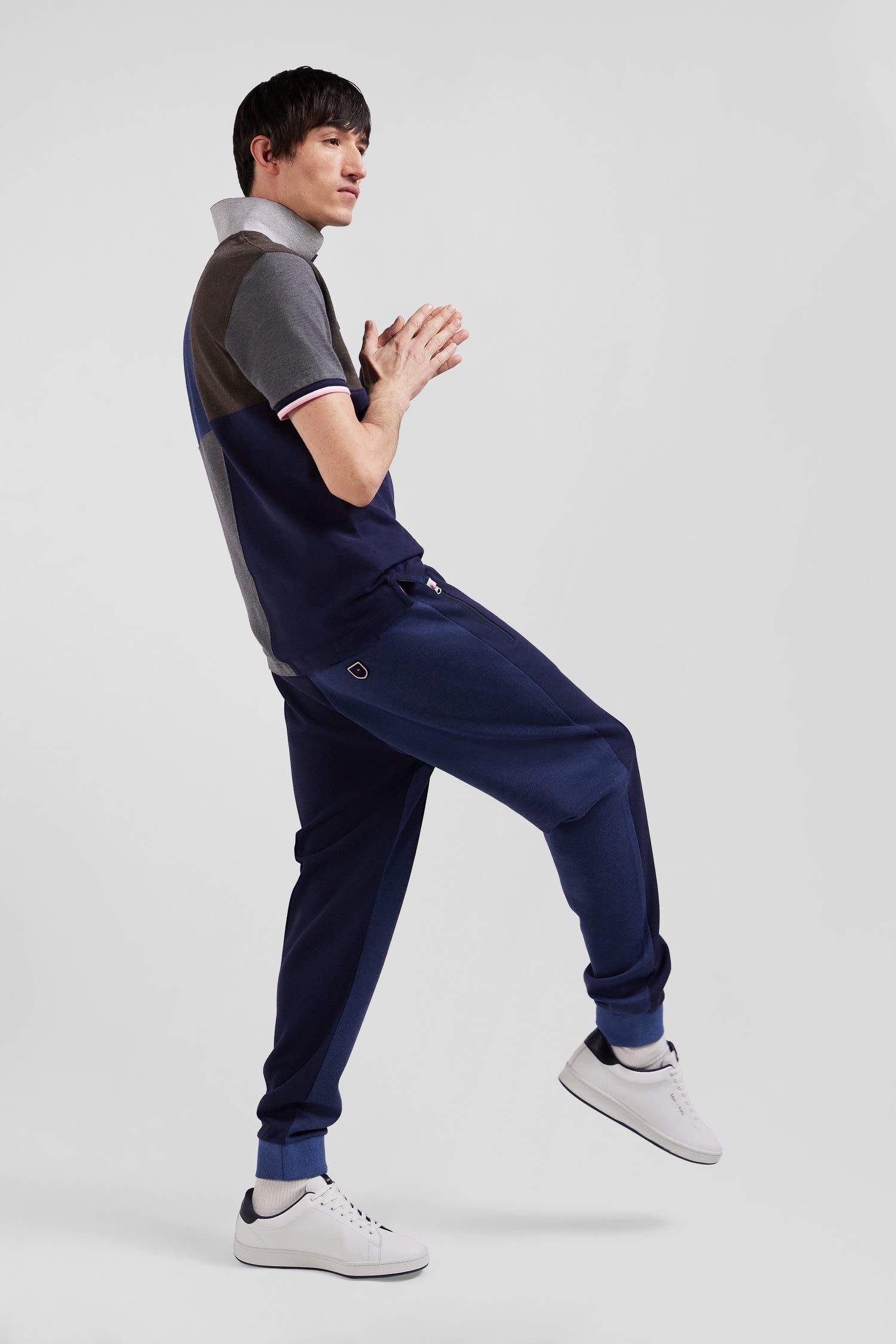 Regular navy blue bicolour mixed cotton jogging bottoms