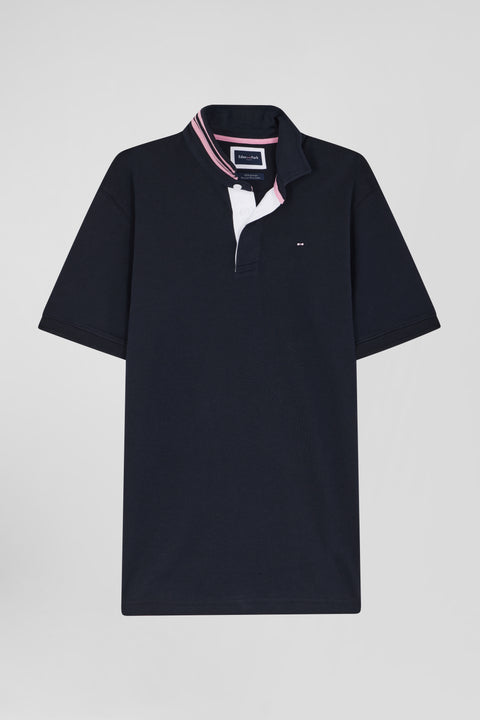 Regular navy blue cotton rugby shirt with striped undercollar - Image 1