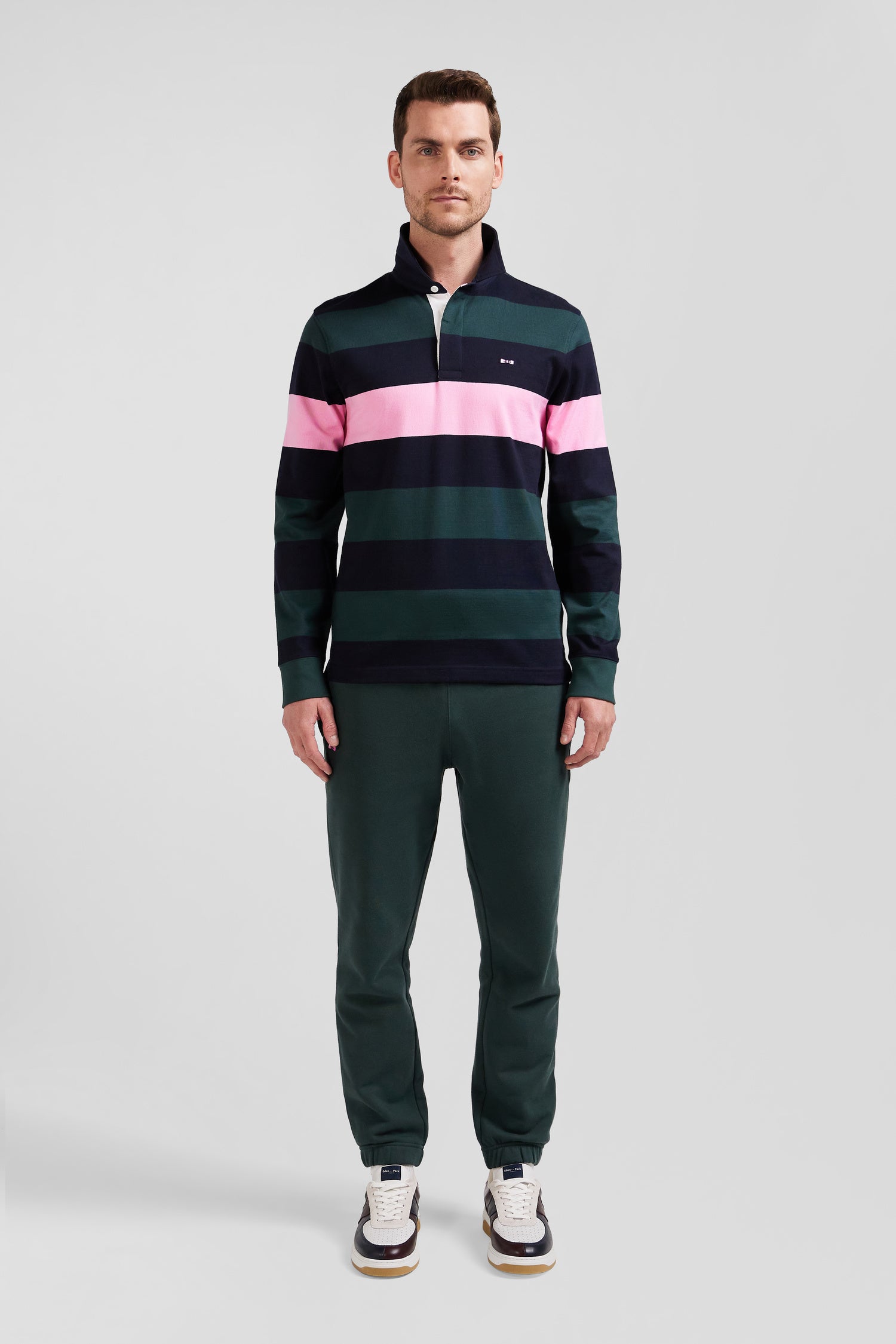 Regular green long-sleeved striped cotton rugby shirt